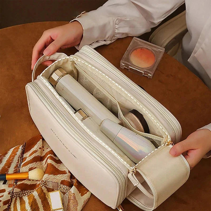 3 Layer Cosmetic Bag Large Capacity Travel Makeup Organizer with Double Zipper & Compartments