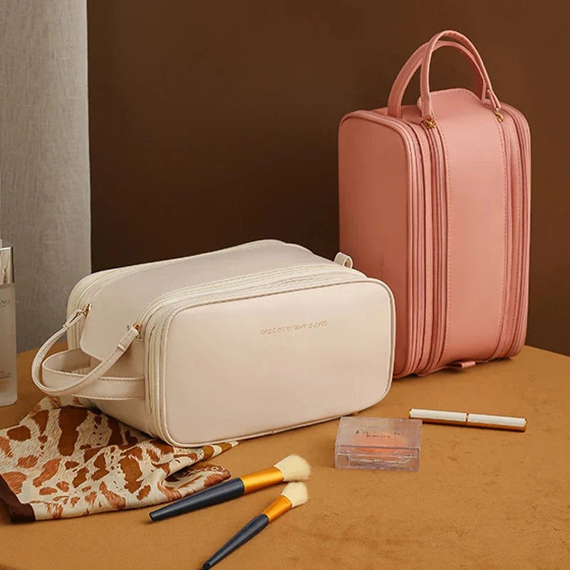 3 Layer Cosmetic Bag Large Capacity Travel Makeup Organizer with Double Zipper & Compartments