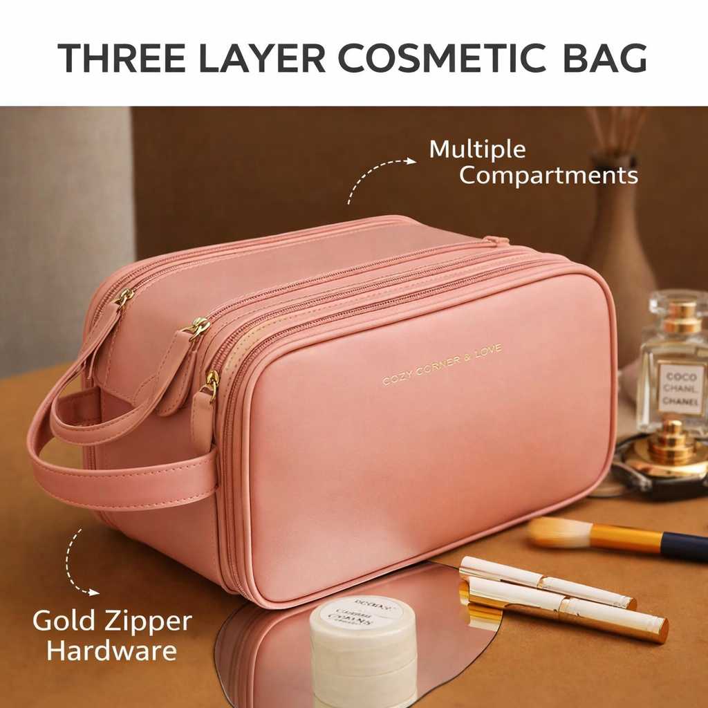 3 Layer Cosmetic Bag Large Capacity Travel Makeup Organizer with Double Zipper & Compartments