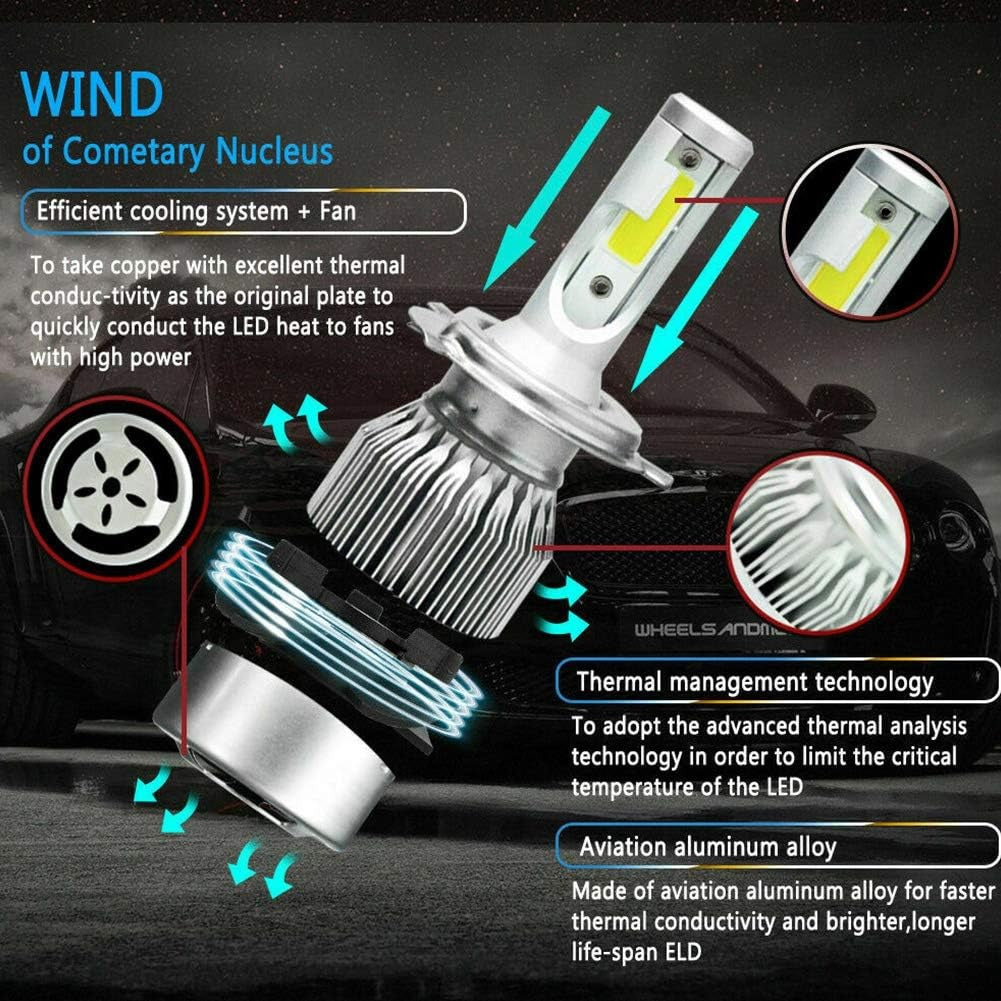 Premium C6 H4 LED Headlight Bulbs (2PCS) | 72W 7600LM COB Car Headlights | 6000K Diamond White High Brightness