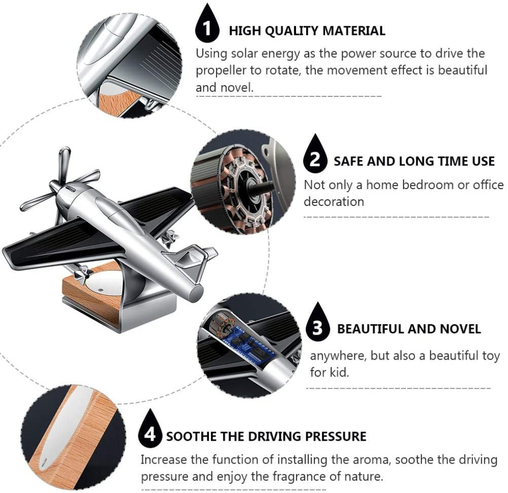 Solar-Powered Aeroplane Car Perfume Diffuser | Kinetic Rotating Propeller Silver Aircraft Air Freshener & Dashboard Ornament
