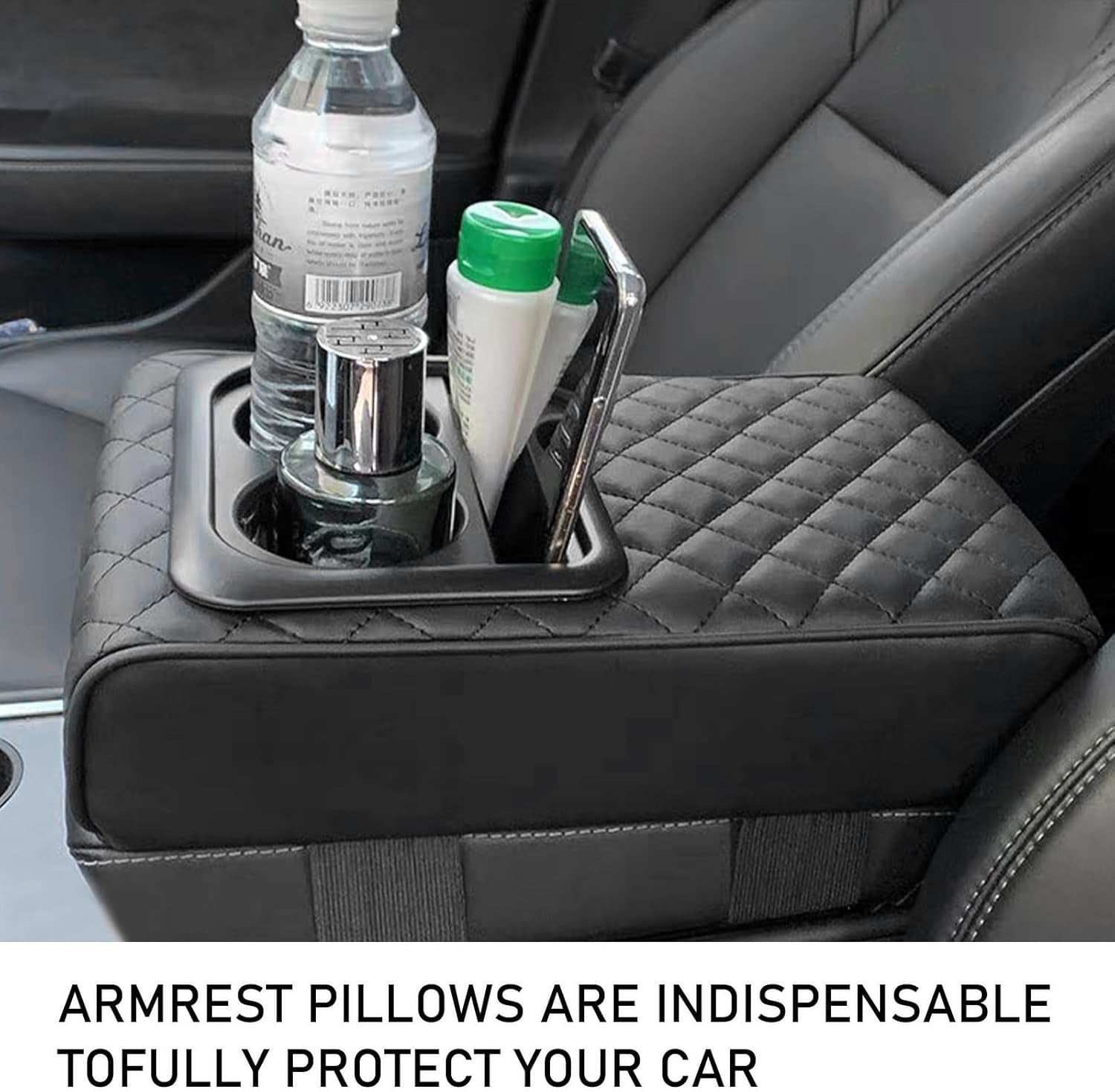 Premium PU Leather Car Armrest Cushion with Cup Holder & Storage Box | Universal Center Console Organizer Cover
