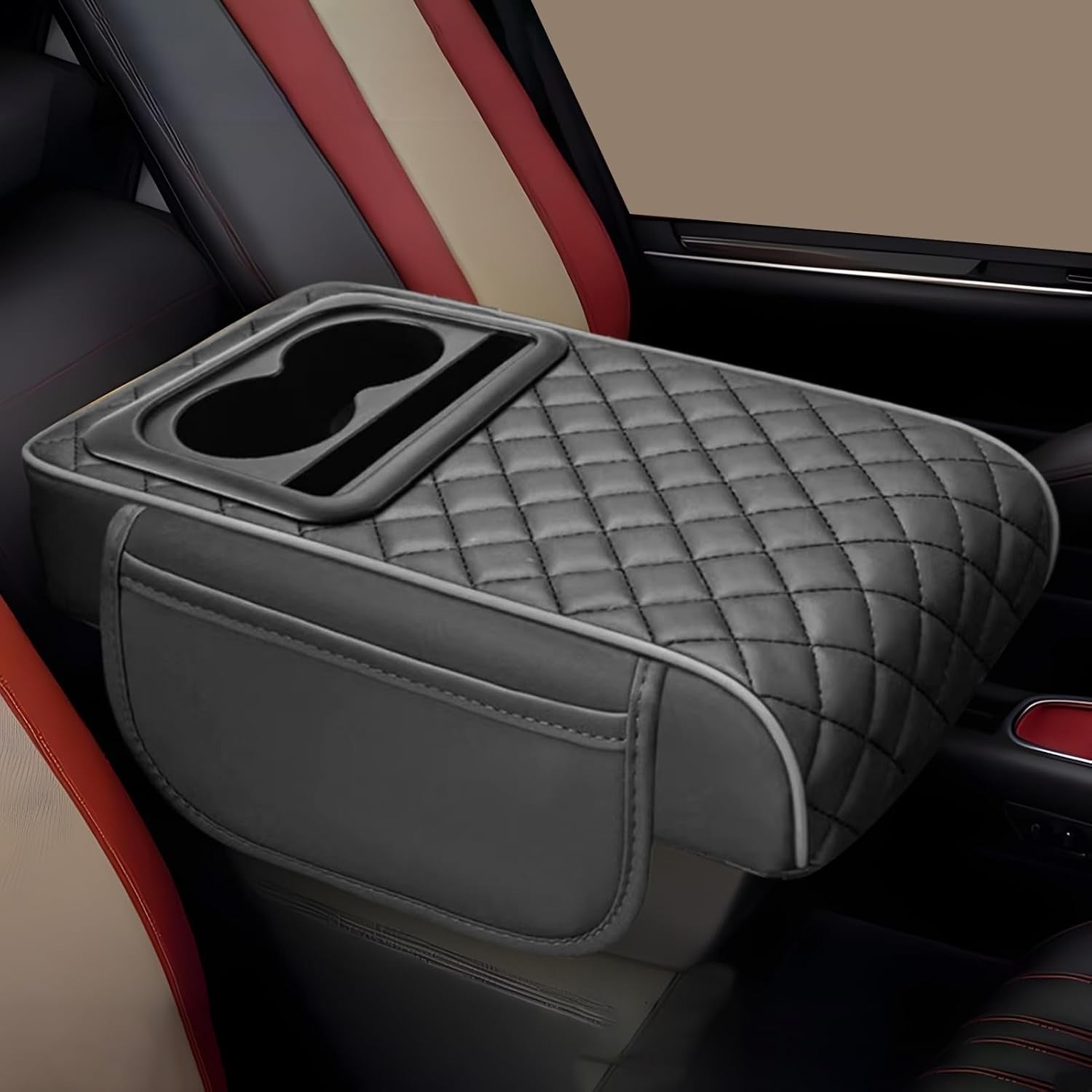 Premium PU Leather Car Armrest Cushion with Cup Holder & Storage Box | Universal Center Console Organizer Cover