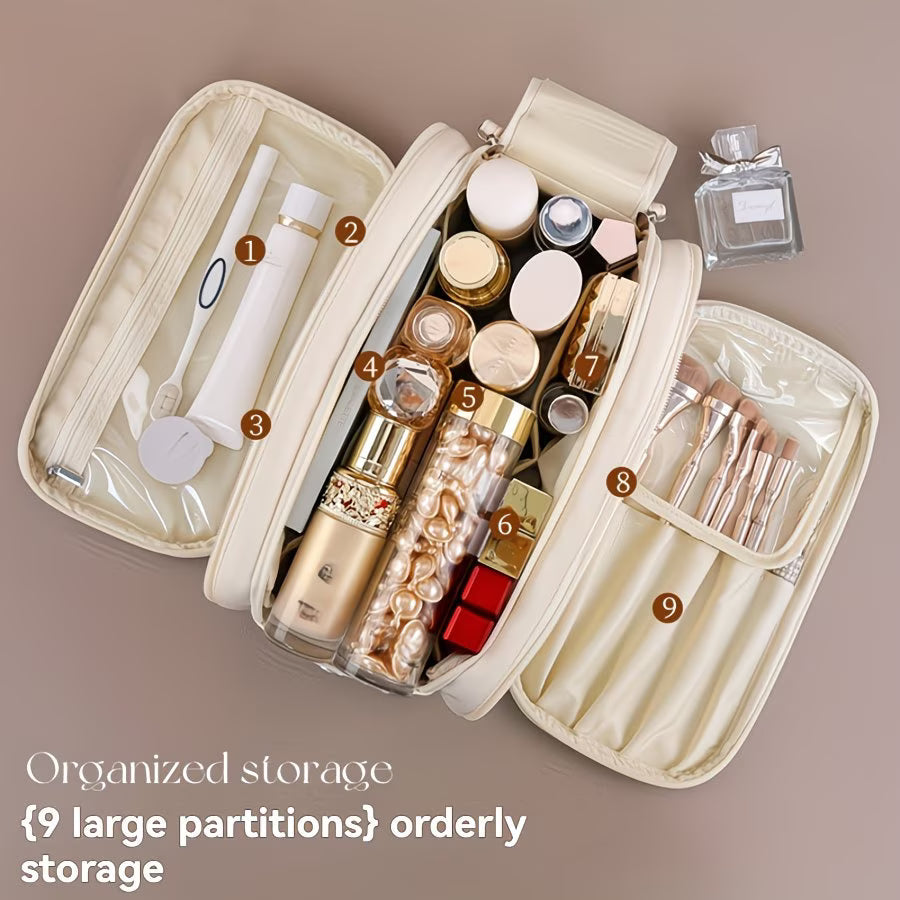 3 Layer Cosmetic Bag Large Capacity Travel Makeup Organizer with Double Zipper & Compartments