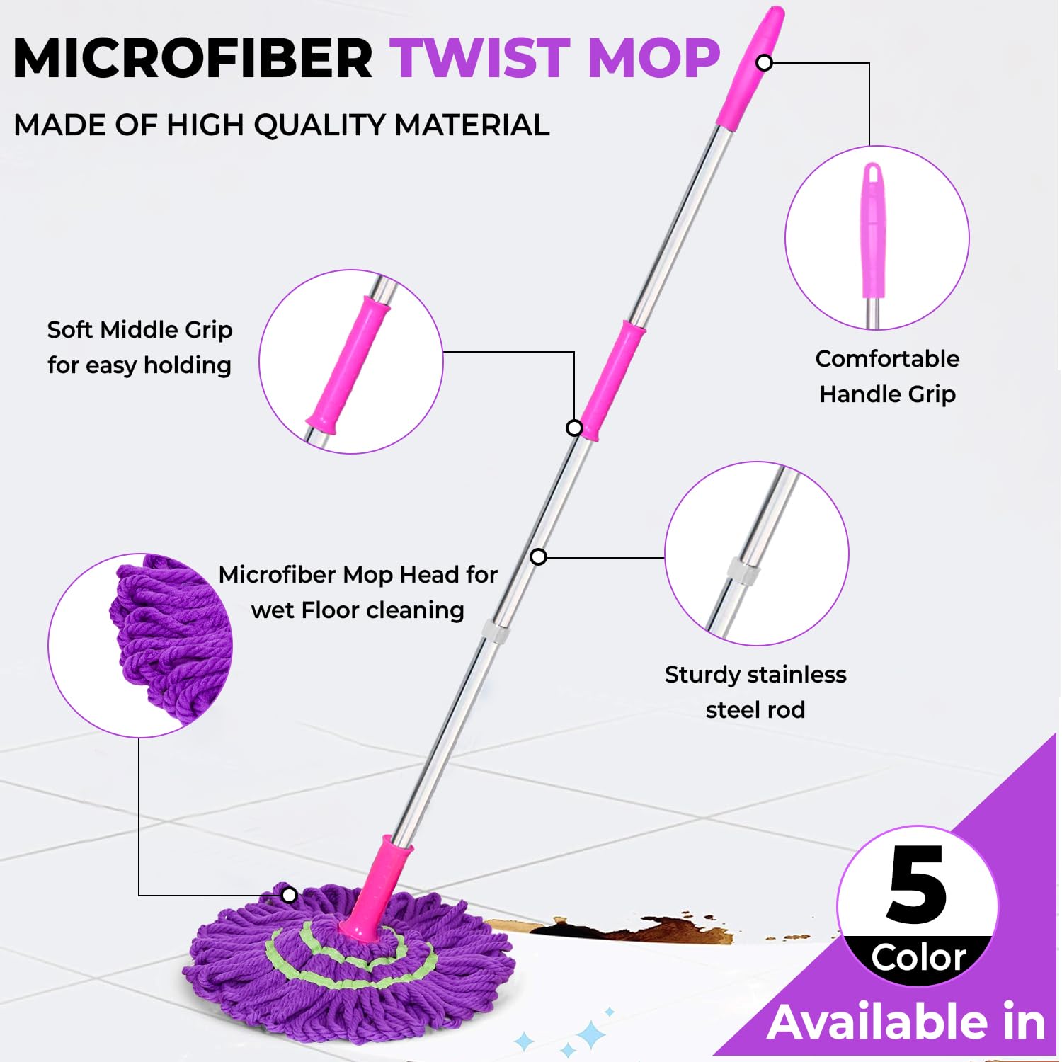 Telescopic Twister Mop with Microfiber Head – Self Wringing Floor Cleaning Mop