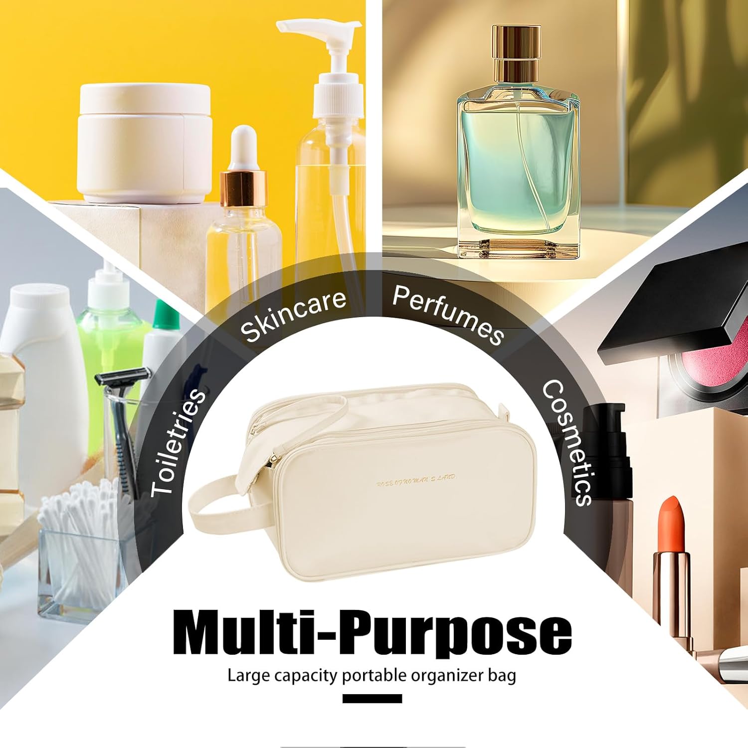 3 Layer Cosmetic Bag Large Capacity Travel Makeup Organizer with Double Zipper & Compartments