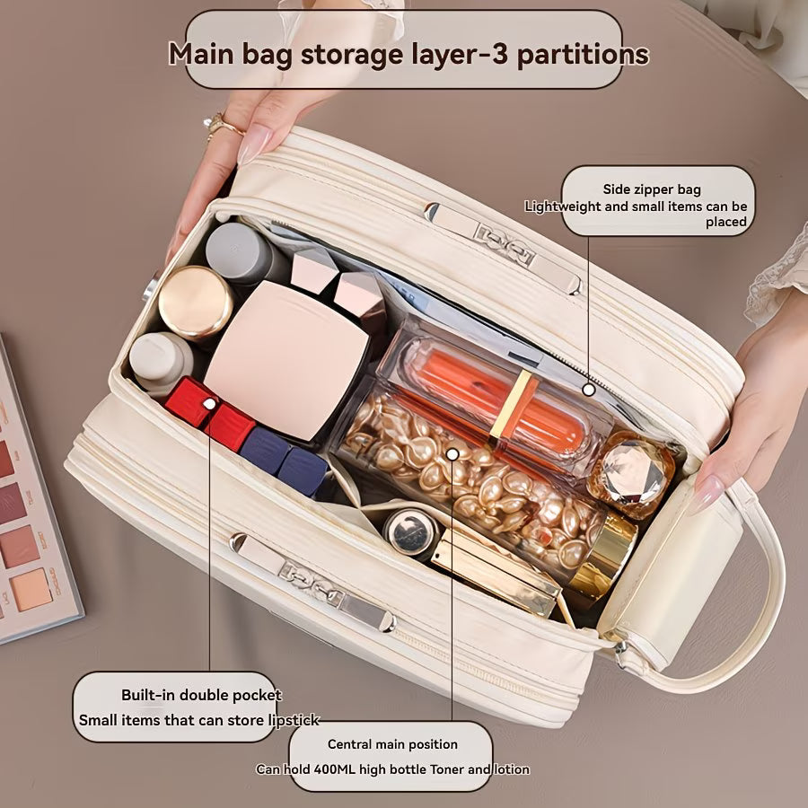 3 Layer Cosmetic Bag Large Capacity Travel Makeup Organizer with Double Zipper & Compartments