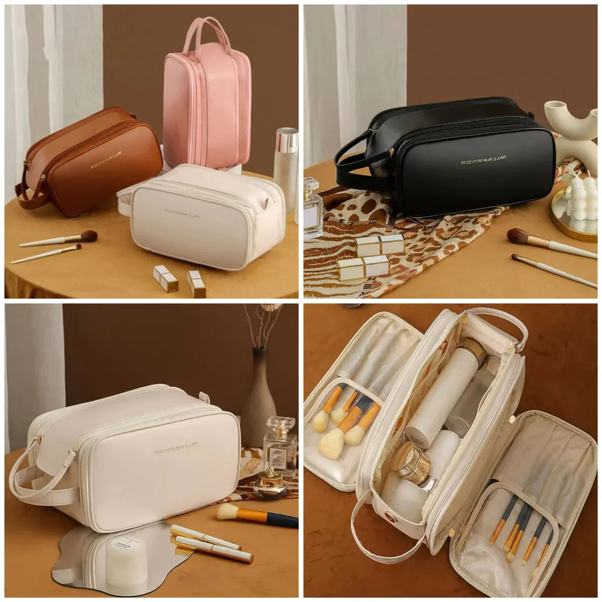 3 Layer Cosmetic Bag Large Capacity Travel Makeup Organizer with Double Zipper & Compartments