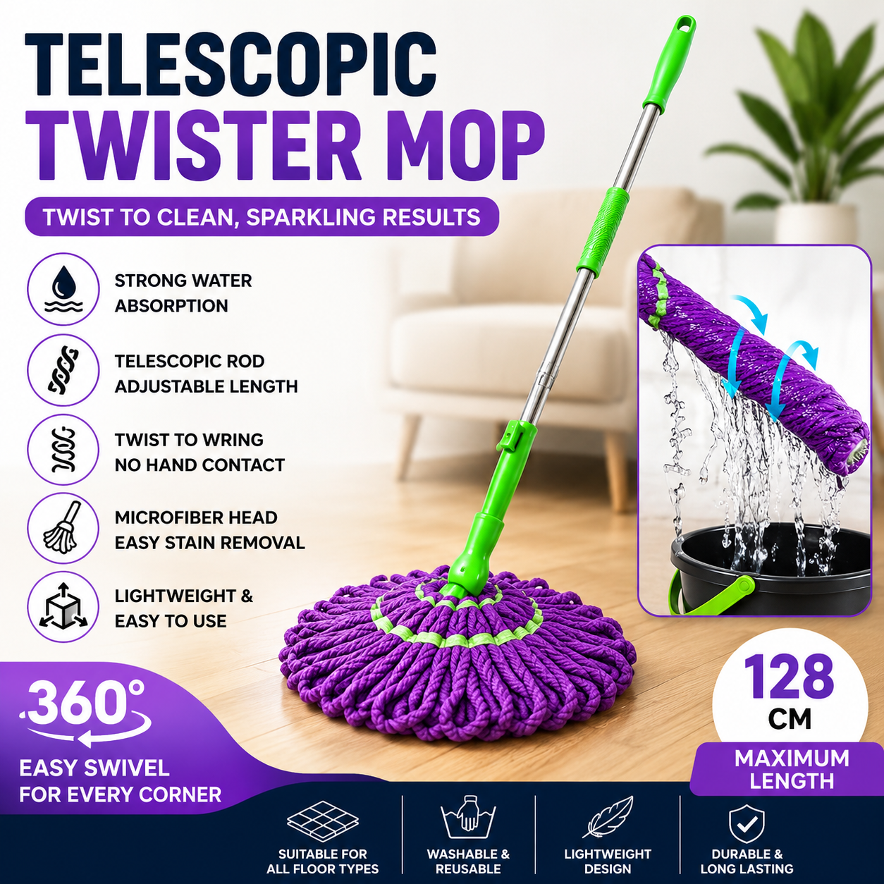 Telescopic Twister Mop with Microfiber Head – Self Wringing Floor Cleaning Mop