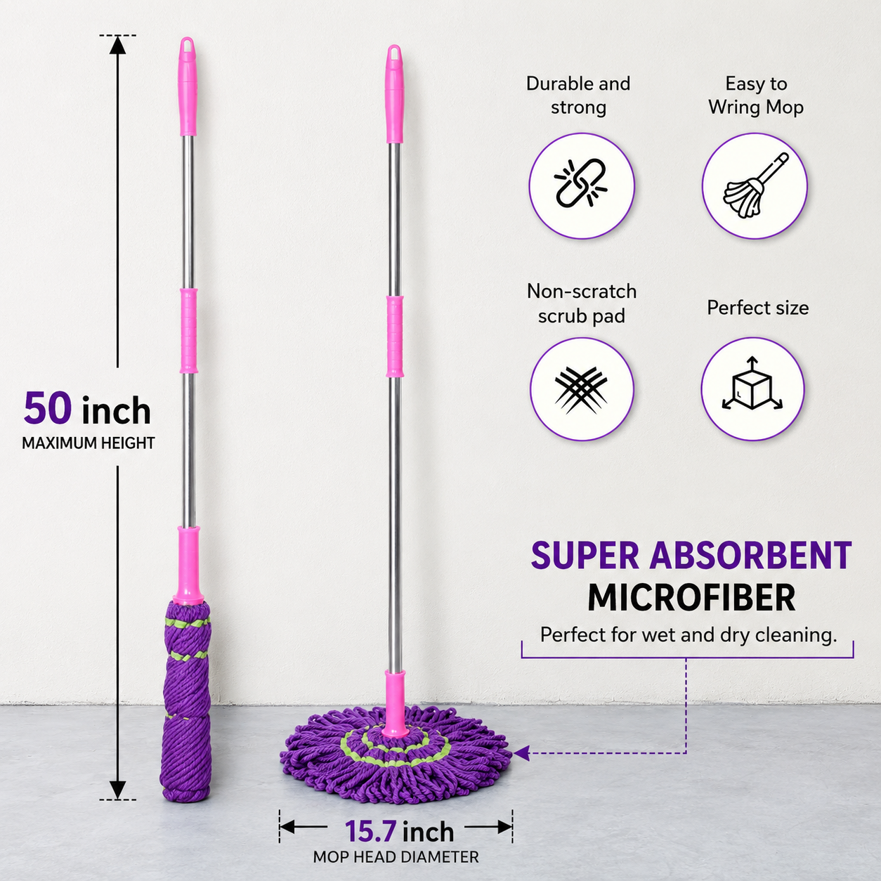 Telescopic Twister Mop with Microfiber Head – Self Wringing Floor Cleaning Mop
