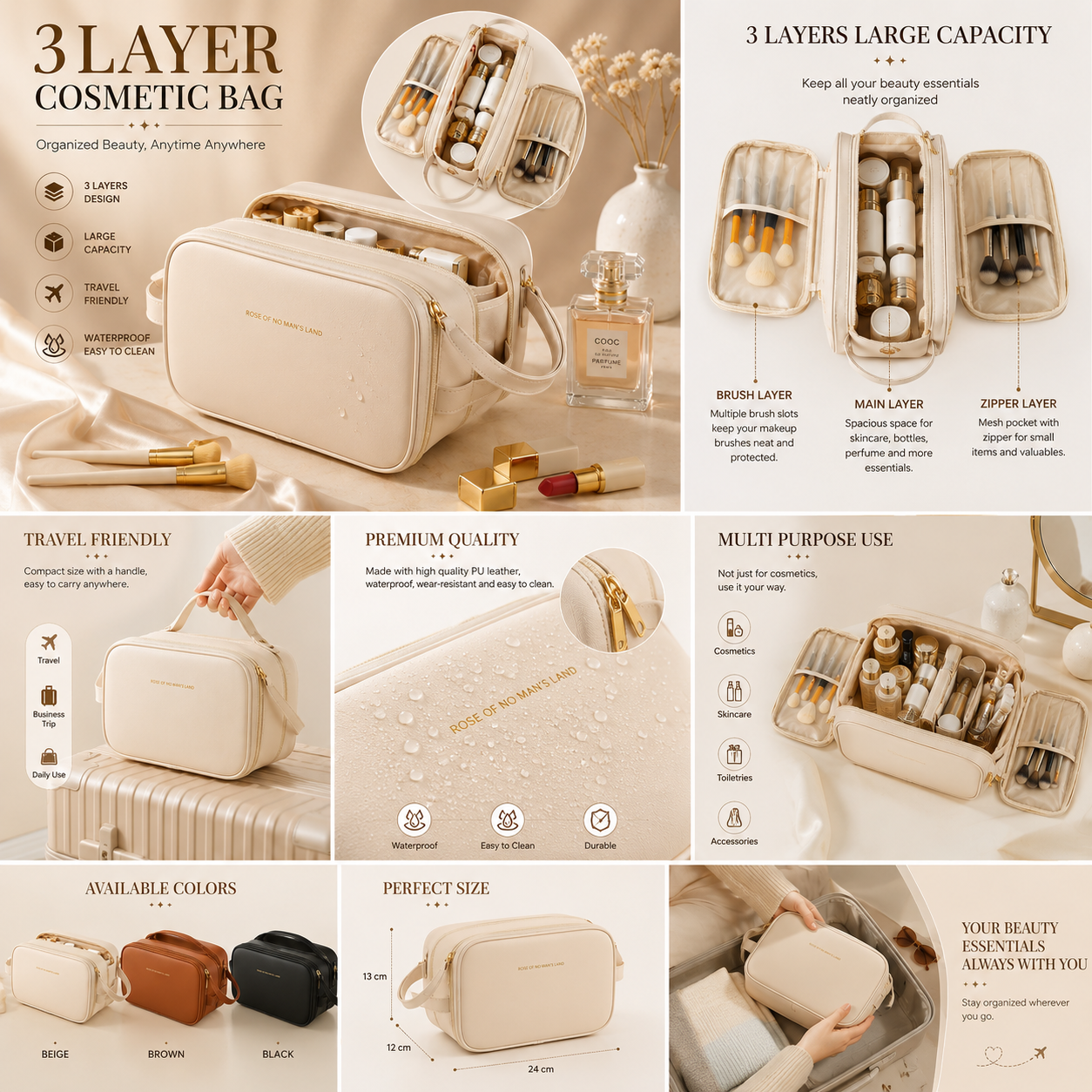 3 Layer Cosmetic Bag Large Capacity Travel Makeup Organizer with Double Zipper & Compartments