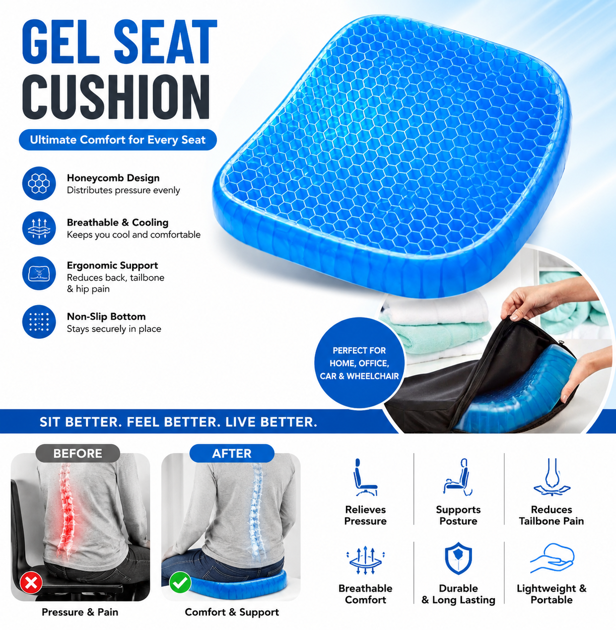 Gel Seat Cushion - U-shaped Breathable Honeycomb Design Comfortable Cushion for Long Sitting