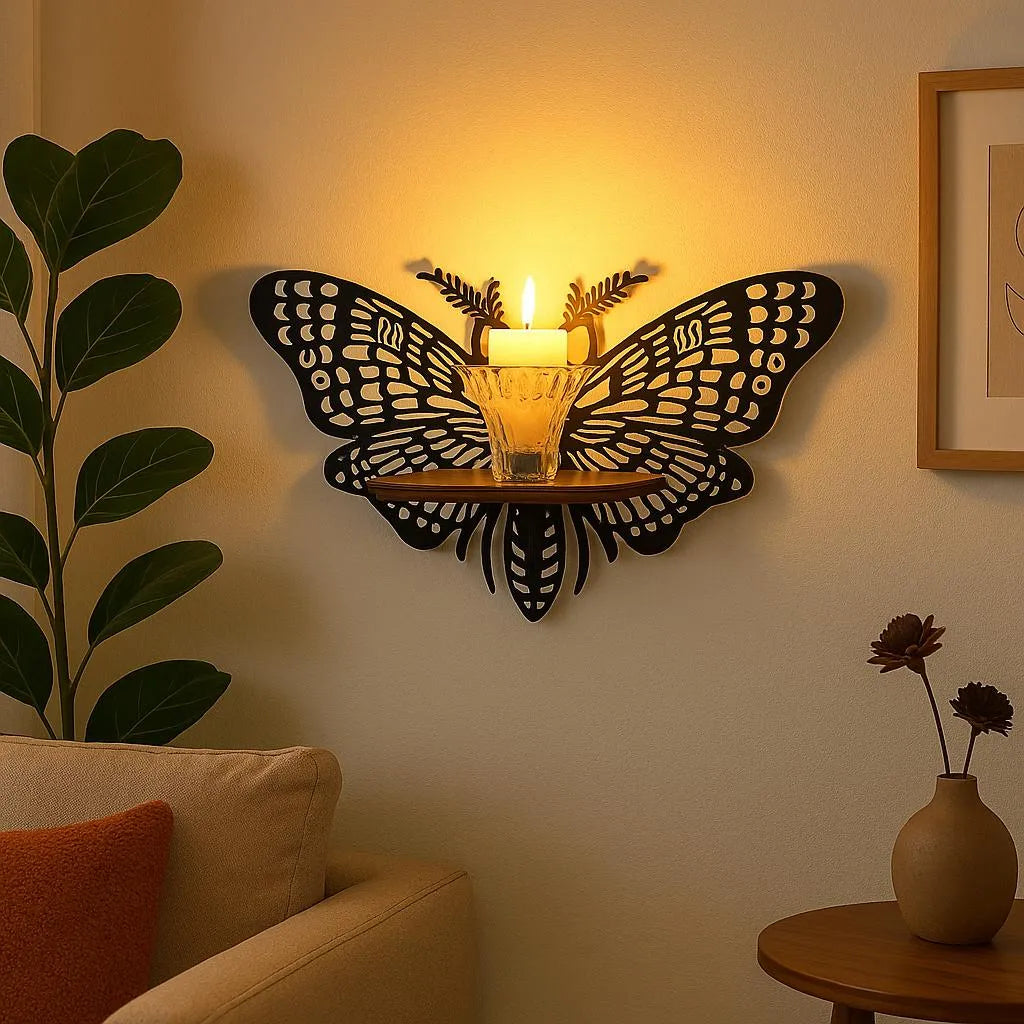 Butterfly Wall Shelf Set of 3 Black Wooden Decor