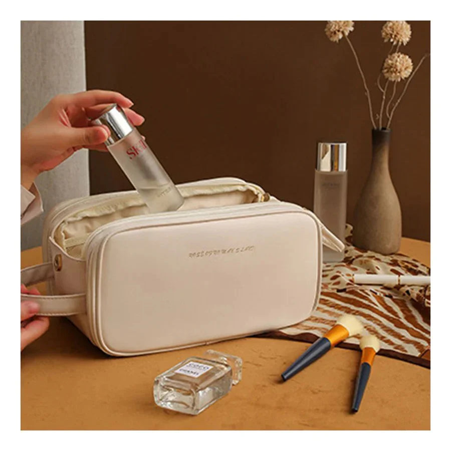 3 Layer Cosmetic Bag Large Capacity Travel Makeup Organizer with Double Zipper & Compartments