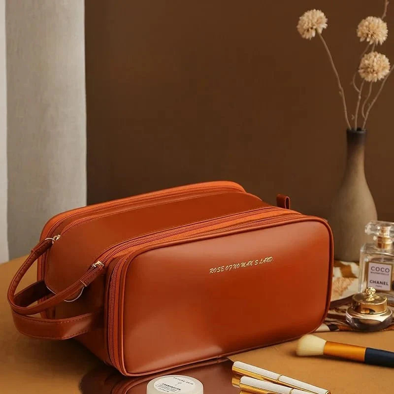 3 Layer Cosmetic Bag Large Capacity Travel Makeup Organizer with Double Zipper & Compartments